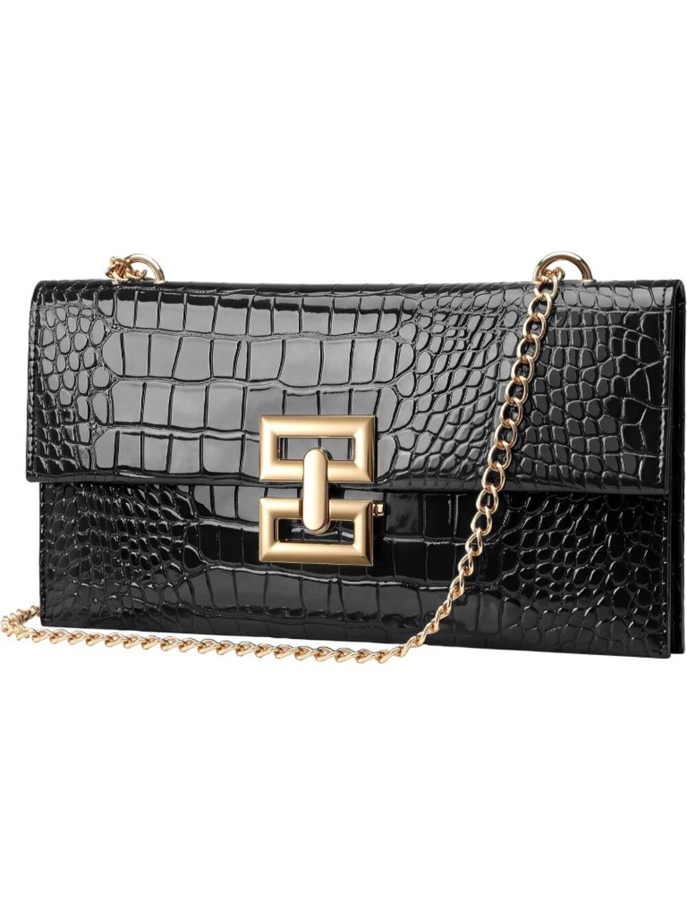 〽️Women Black Crocodile Leather Texture Gold Adjustable Chain Hobo Shoulder Bag